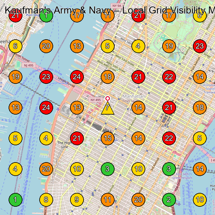 Kaufman's Army & Navy Clothing Store GeoGrid ranking map for New York NY